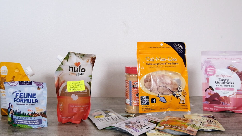 Lineup of cat food toppers